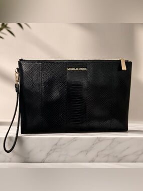 Michael Kors Black Croc Embossed Leather Wristlet Clutch with Gold Logo